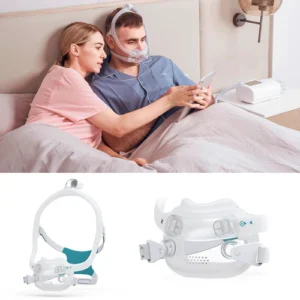 Masca CPAP Full face oronazala F6S, BMC Medical barbat cu masca si femeie alaturi in pat